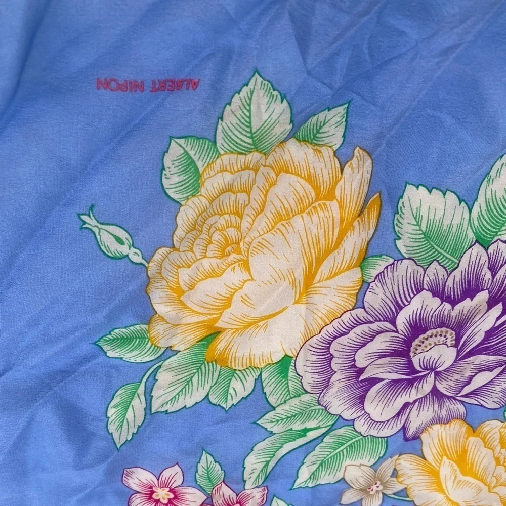 Albert Nipon Silk Scarf Blue Pink Yellow Floral 30 Inch